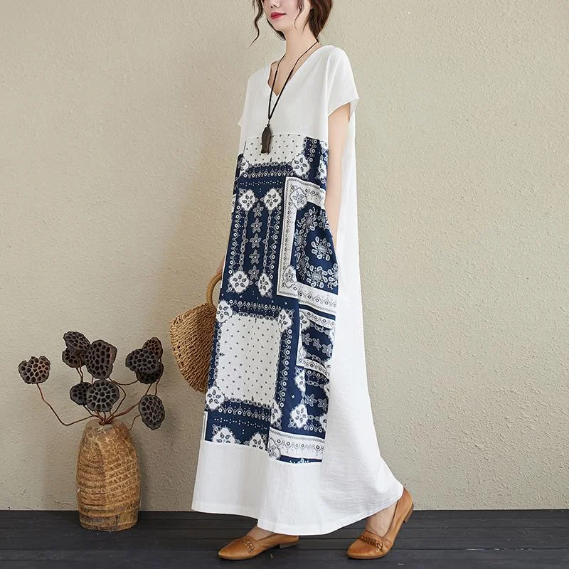 ruffle dresses for women -Summer Retro Printed V-Neck Plus Size Loose Linen Dress