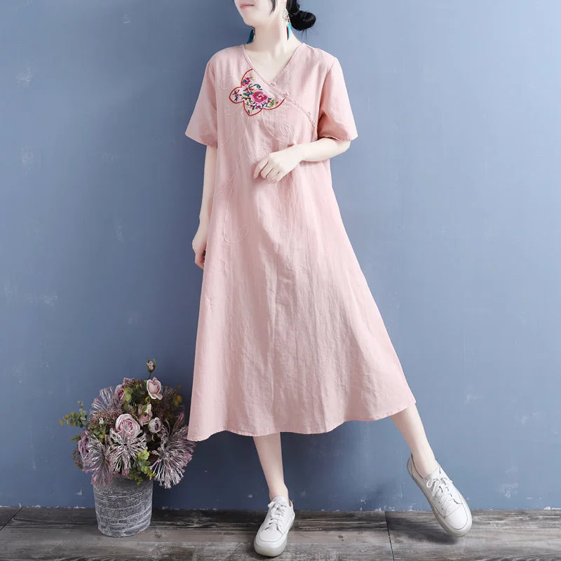 vintage-inspired dresses for women -Summer Vintage Embroidery Cotton Linen Dress