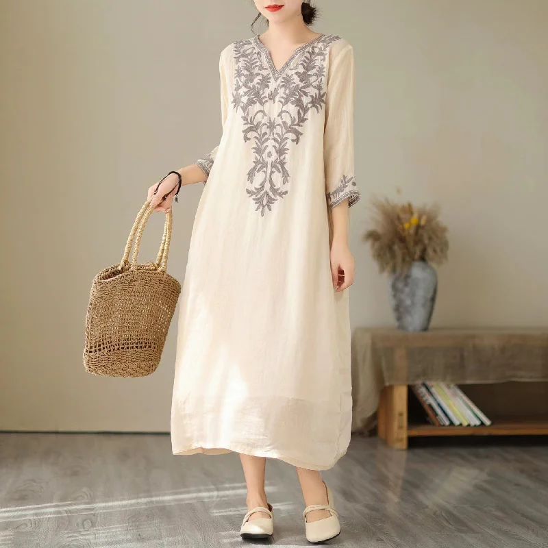 women’s retro dresses -Sunmer Linen Retro Embroidery Losoe Causal Dress