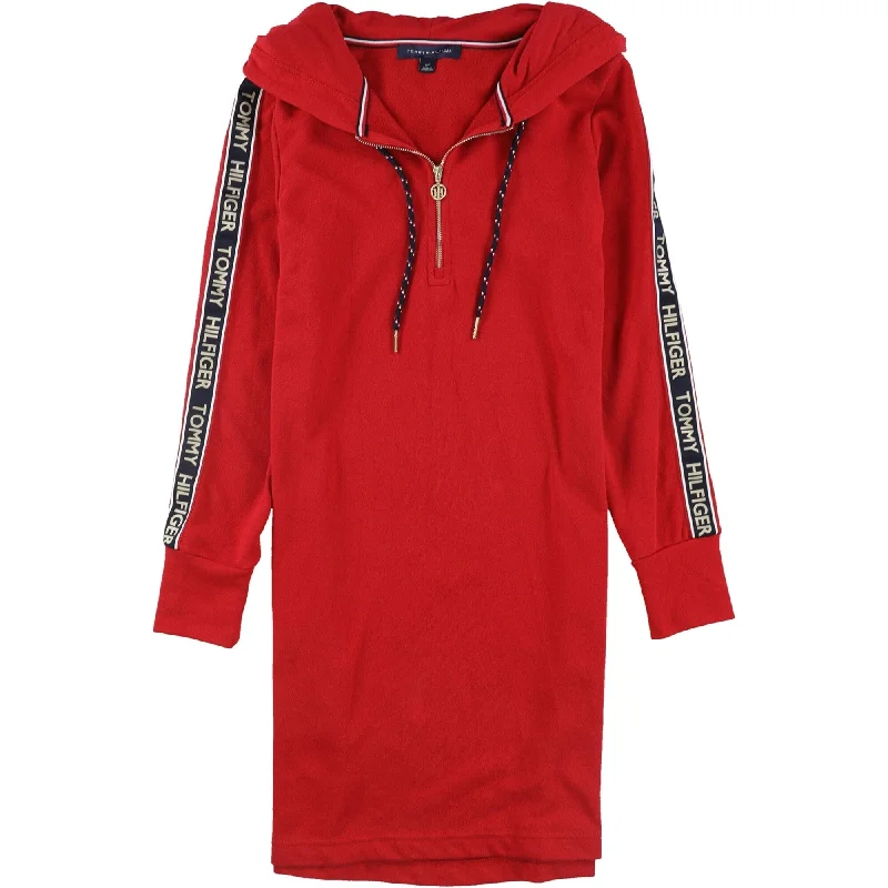 formal dresses for women -Tommy Hilfiger Womens Logo Sleeve Hoodie Sweater Dress, Red, Medium