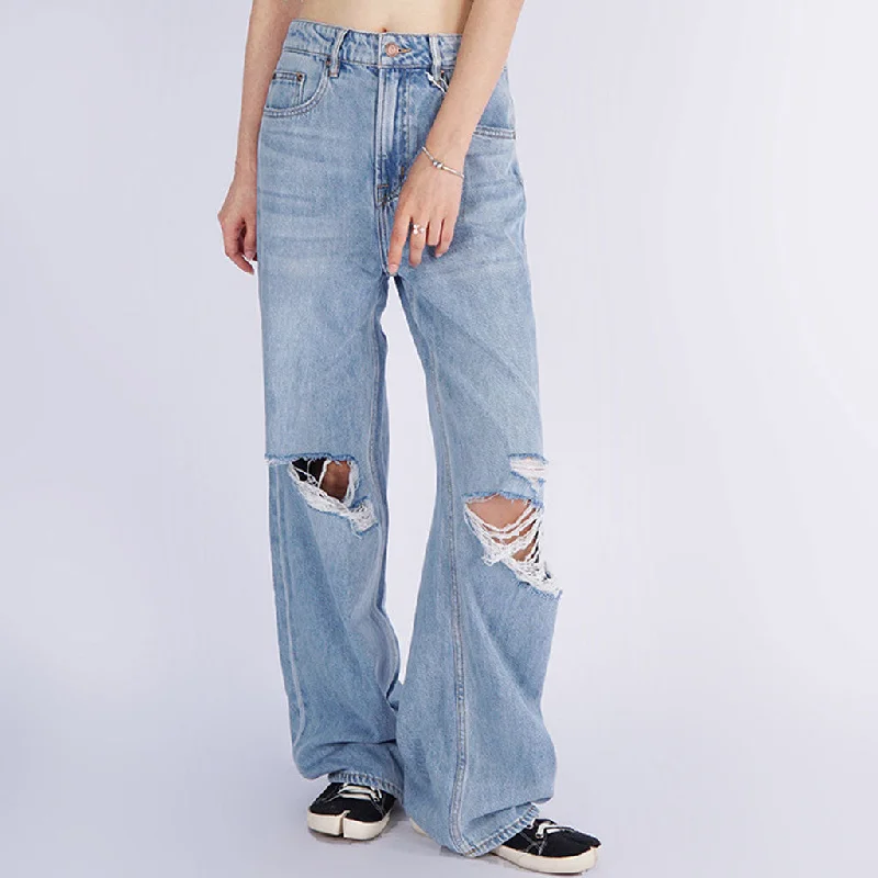 women’s tapered fit pants -Trendy High Rise Fade Ripped Straight Wide Leg Jeans - Light Blue