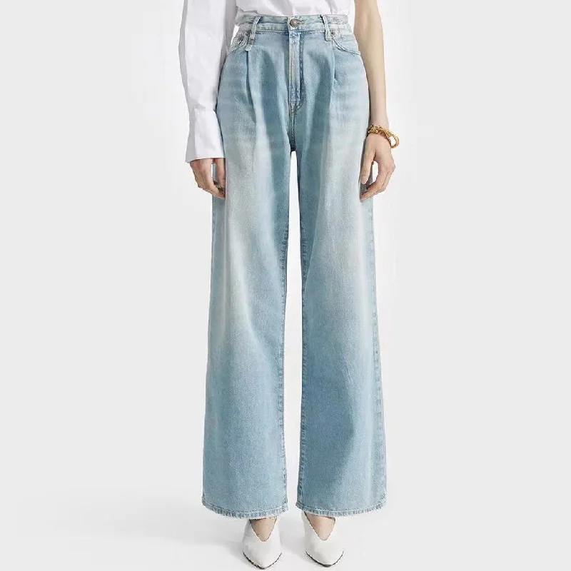 women's relaxed denim pants -Trendy High Waist Fade Detail Pleated Wide Leg Jeans - Faded Blue