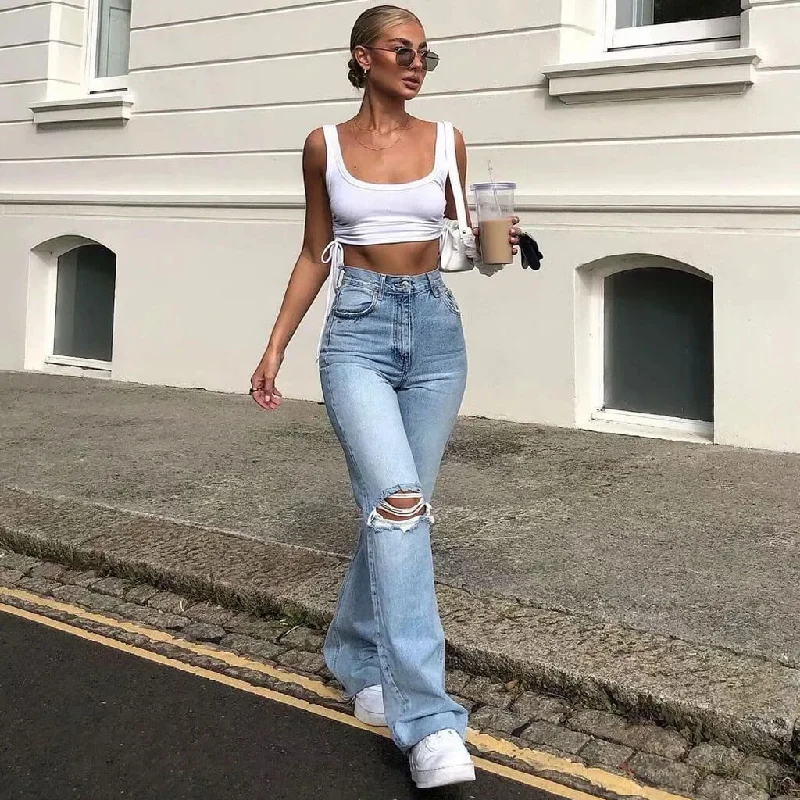 women’s vintage-style pants -Trendy High Waist Wide Leg Ripped Boyfriend Jeans - Light Blue