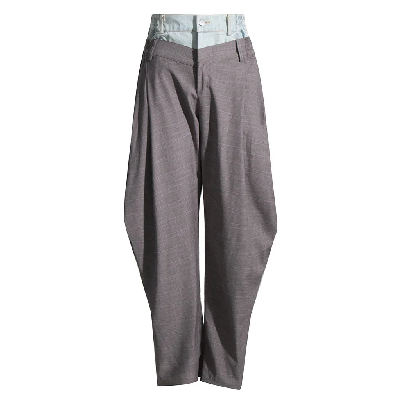 soft fleece pants for women -Unique Contrast Deconstructed Denim Panel Pleated Tapered Pants