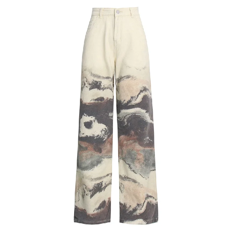 wide-leg pants for women -Unique Contrast Marble Print Straight Leg High Waist Jeans