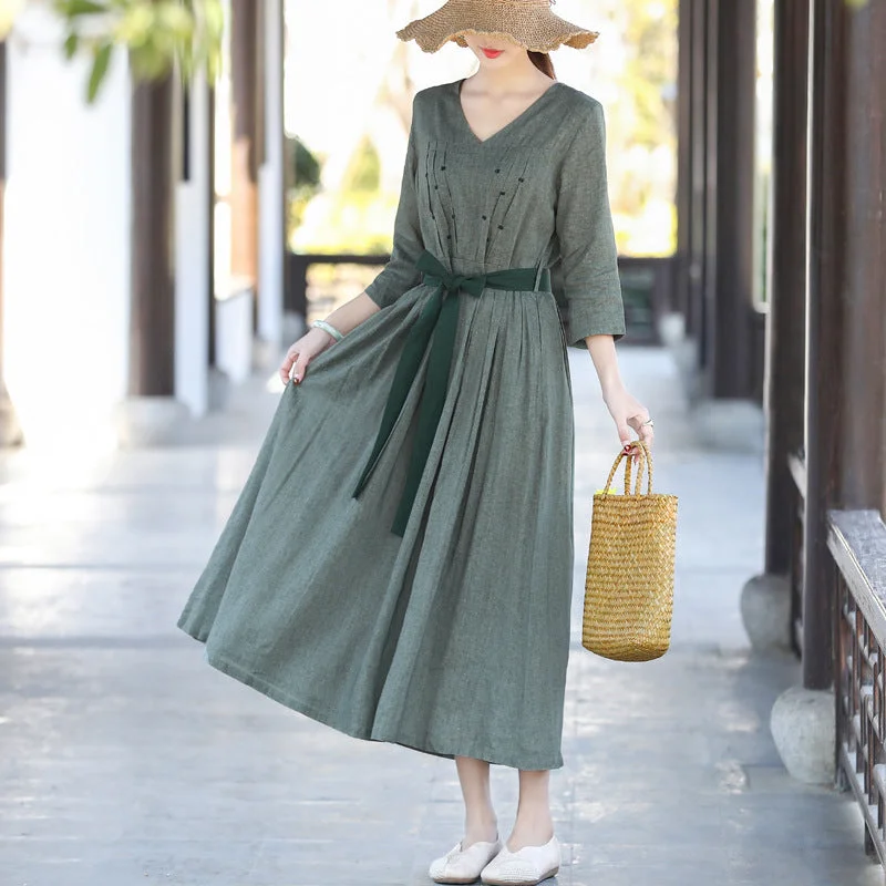 sundresses for women -Vintage Elegant Casual Spring Summer Cotton Linen Dress