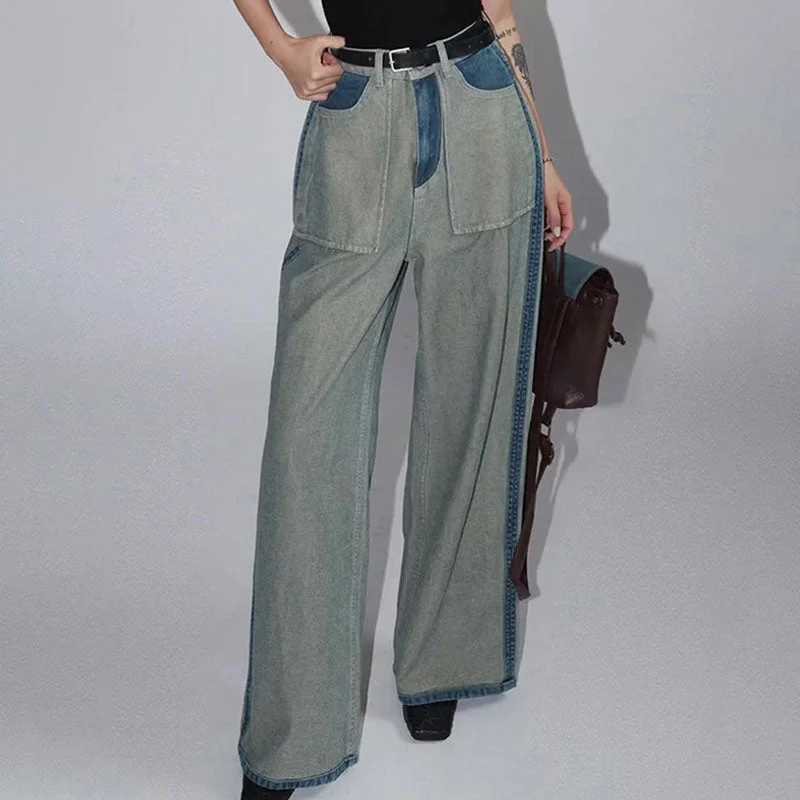 women's linen trousers -Vintage High Waist Cargo Pocket Wide Leg Contrast Panel Denim Jeans