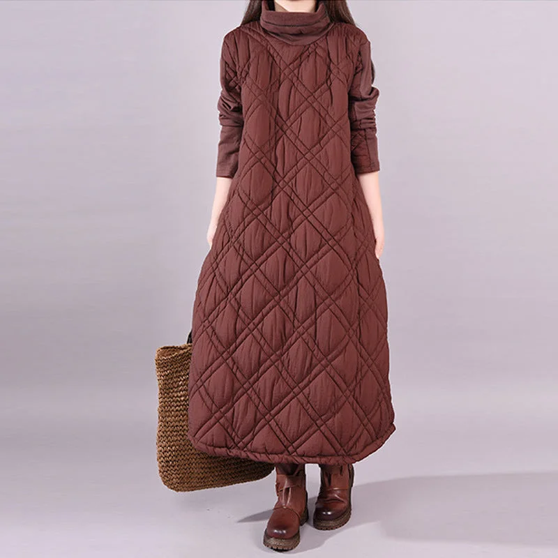 long sleeve maxi dresses for women -Winter Geometric Quilted Pattern Warmth Turtleneck Dress