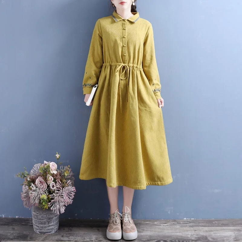 women's boho maxi dresses -Winter Retro Embroidery Cotton Linen Furred Dress