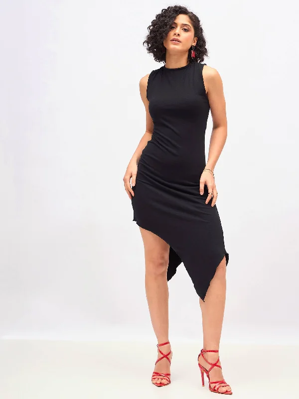 summer midi dresses for women -Women Black Asymmetric Back Cut-Out Dress