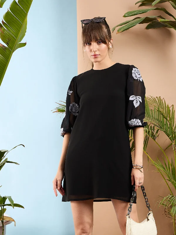 summer midi dresses for women -Women Black Embroidered Puff Sleeves Dress