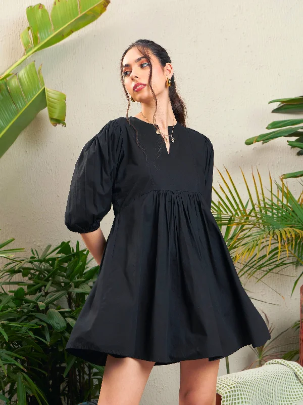 frill dresses for women -Women Black Poplin Puff Sleeves Gathered Dress