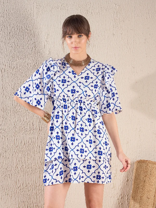 geometric print dresses for women -Women Navy Ethnic Print Layered Hem Dress