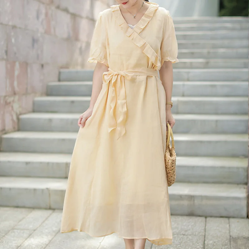 plus size dresses for women -Women Retro Elegant Linen Summer Dress