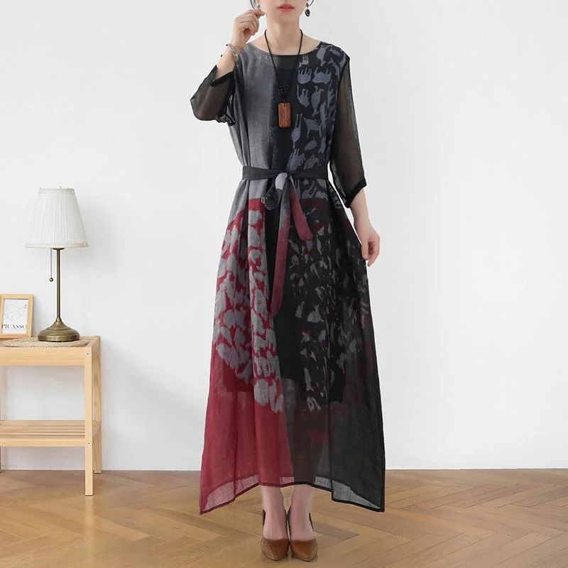 elegant party dresses for women -Women Retro Loose Animals Print Linen Silk Dress