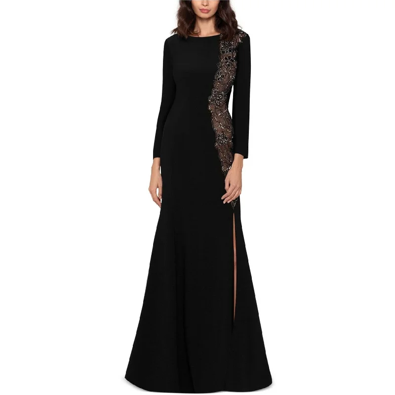 women's casual dresses -XSCAPE Womens Embellished Illusion Sheath Slit Dress, Black, 16