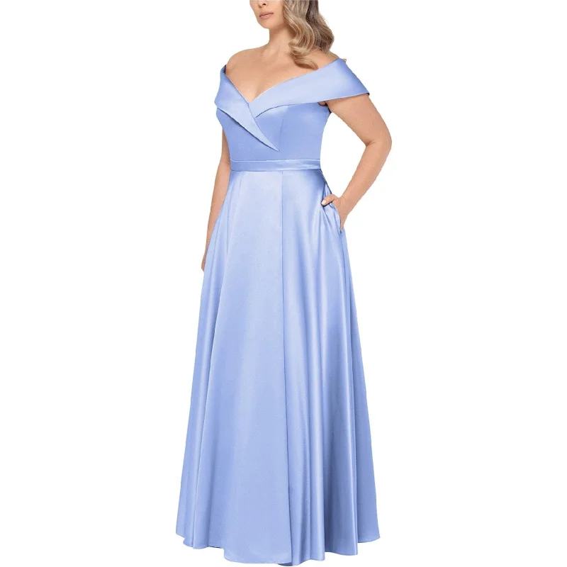 elegant silk dresses for women -XSCAPE Womens Off-The-Shoulder Gown Dress, Blue, 18W